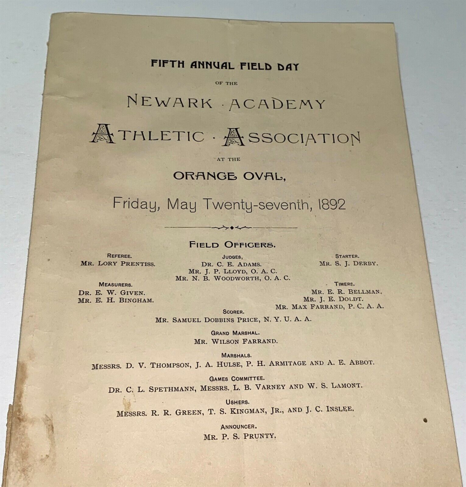 Rare Antique American Newark Academy Athletic Field Day Program New Jersey 1892 