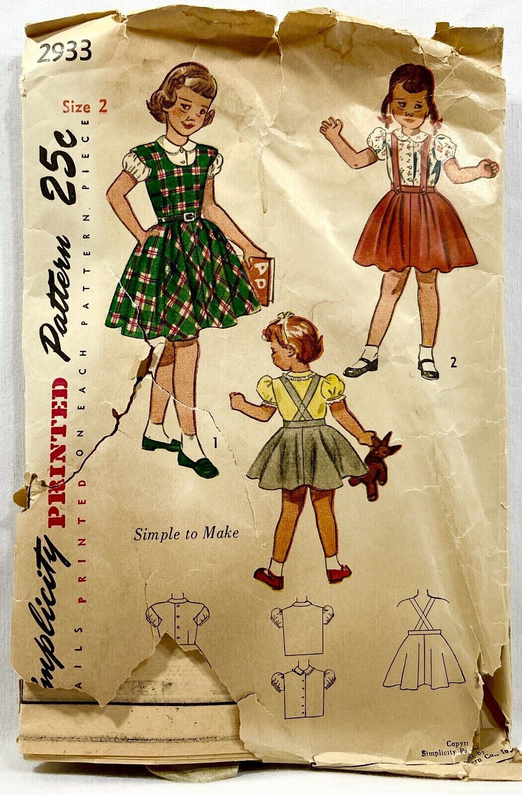 1949 Simplicity Sewing Pattern 2933 Girls Jumper Skirt Blouse Size 2 Vintg 11693