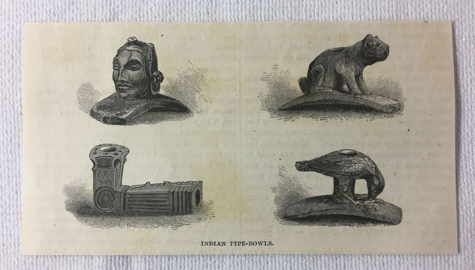 small 1855 magazine engraving ~ INDIAN PIPE BOWLS ~ smoking