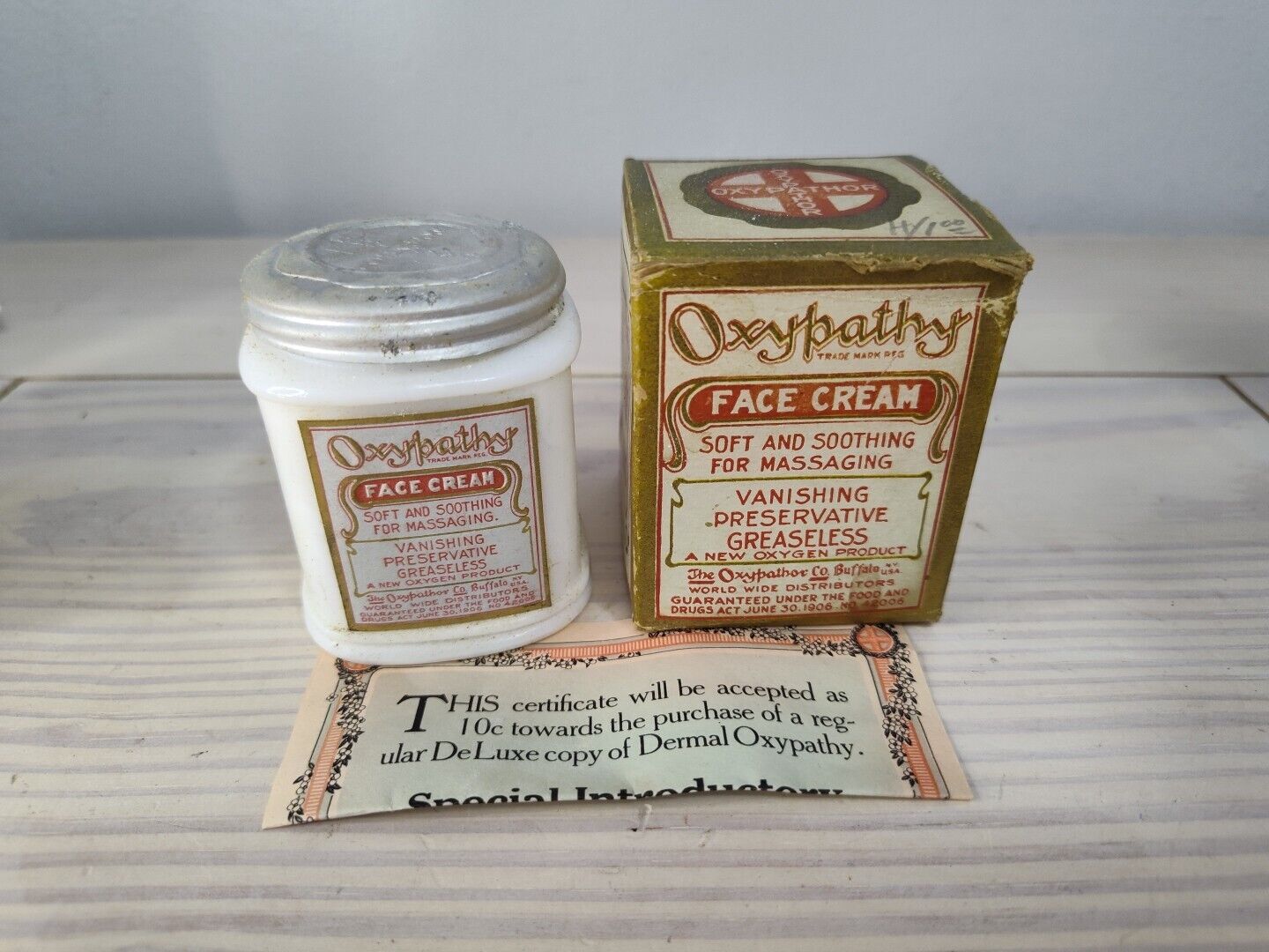 Antique Oxypathy Face Cream Milk Glass Jar In Original Box W/Coupon 1900s