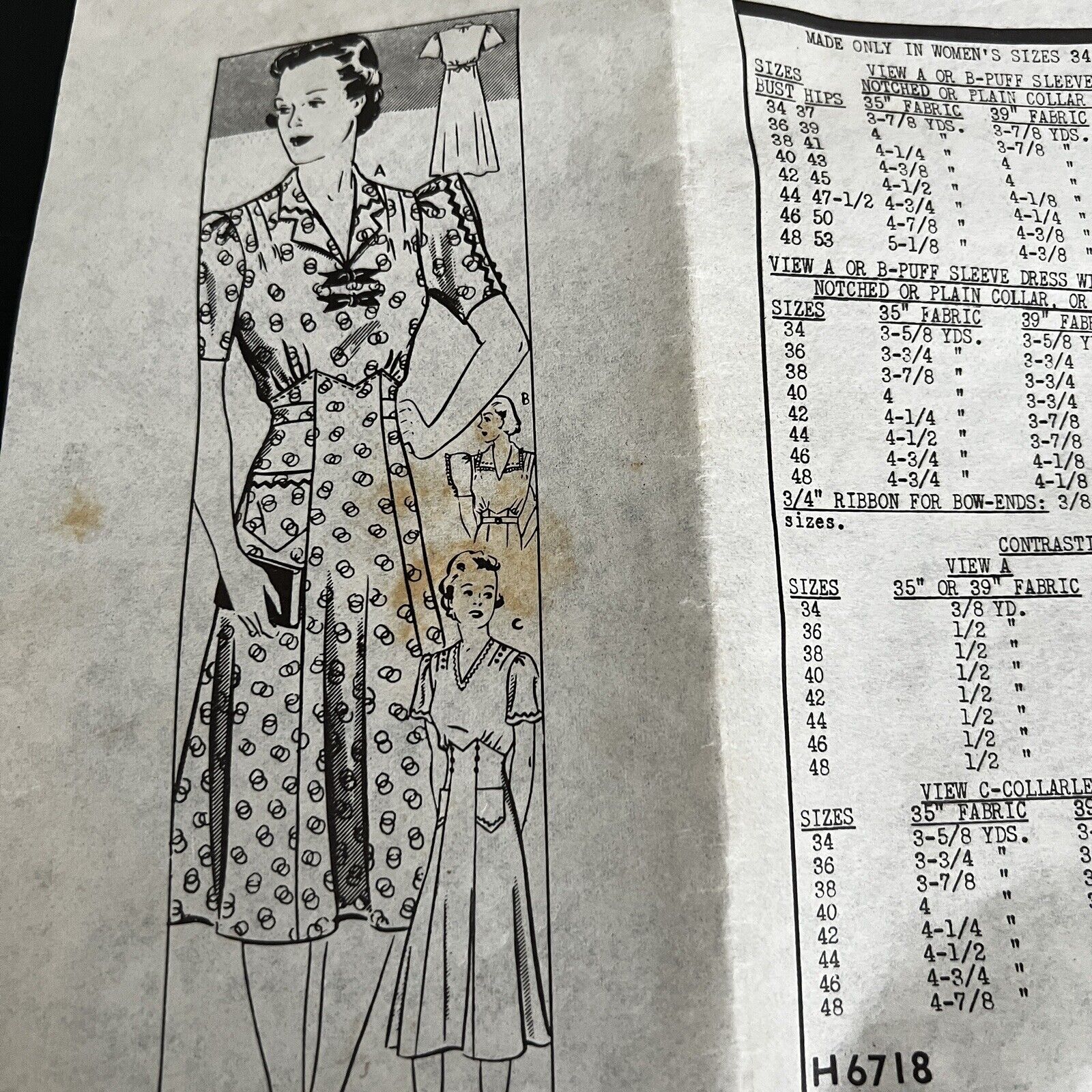 Vintage 1940s Mail Order H6718 Puff Sleeve Pocket Dress Sewing Pattern 36 USED