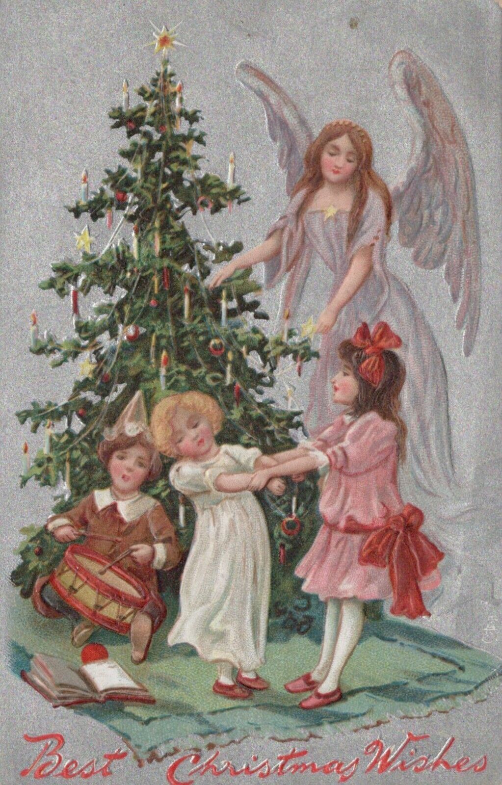 Tucks 136 Christmas Tree Candles Drum Angel Silver Embossed c1908 postcard H84