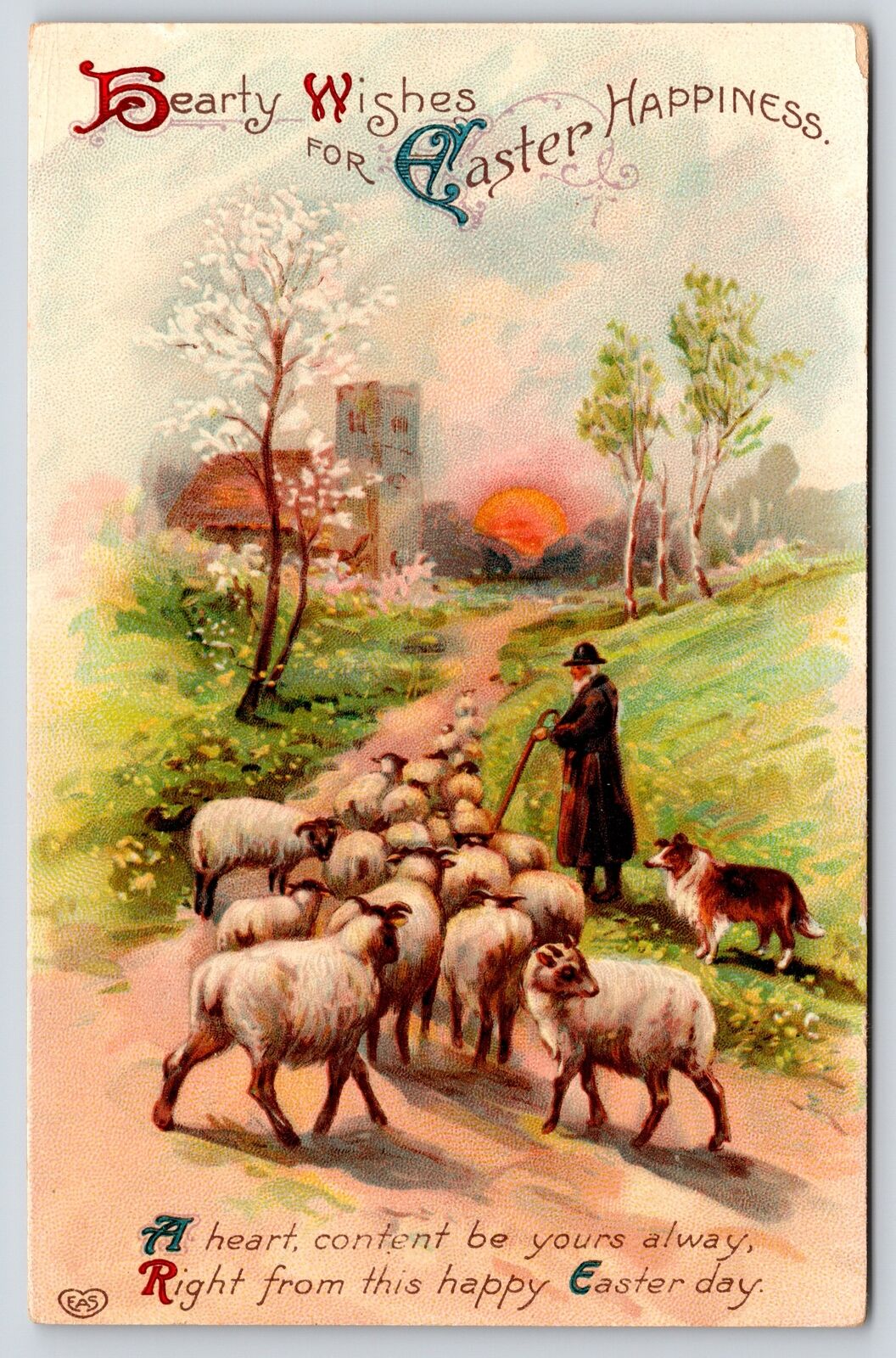 EAS Easter~Shepherd Guides Sheep on Path~Sunset~Collie Dog~c1910 GEL Postcard