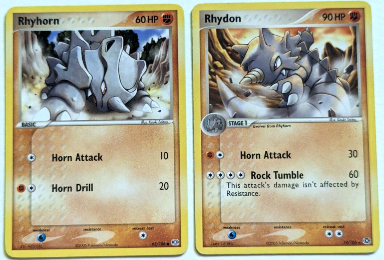 2x Rhyhorn 62/106 & Rhydon 19/106 Pokemon Cards - 2005 Ex Emerald (1)