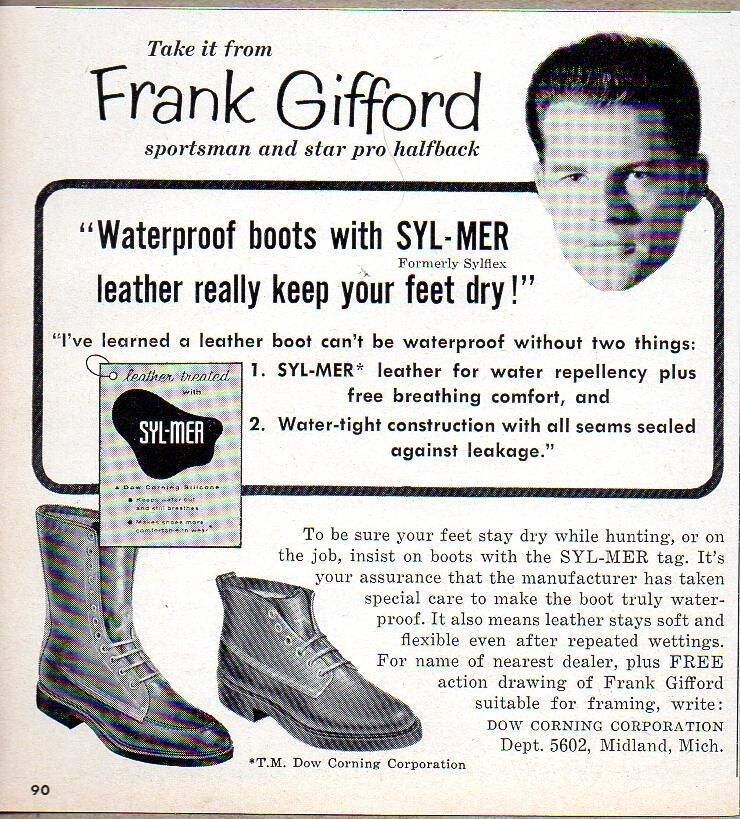 1960 Print Ad SYL-MER Waterproof Shoes Dow Corp Football Frank Gifford
