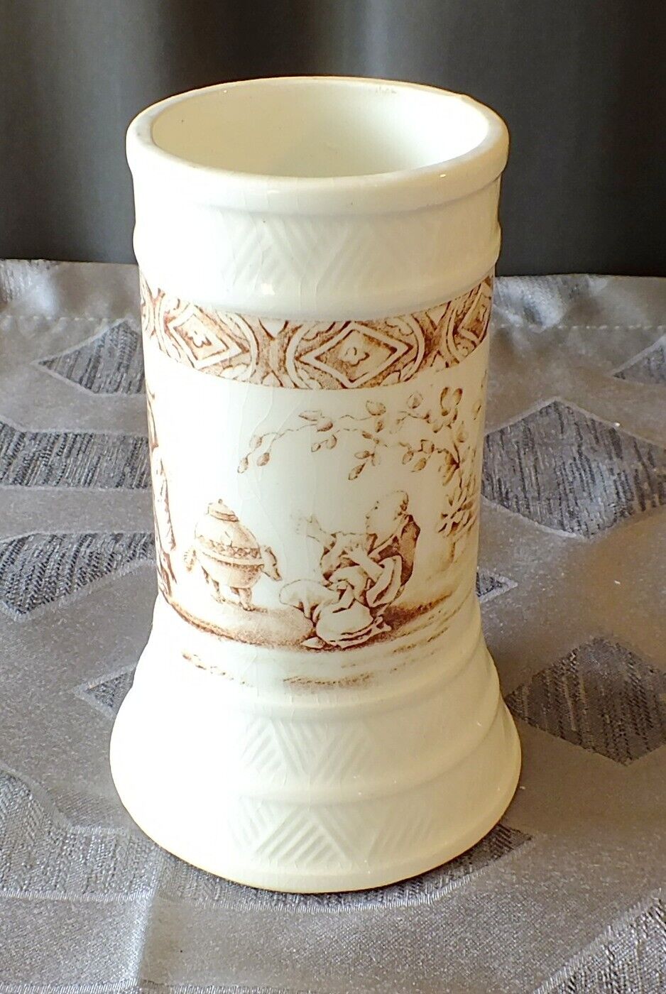 Antique TRANSFERWARE Ceramic ASIAN THEME Vase TOOTHBRUSH RAZOR Holder