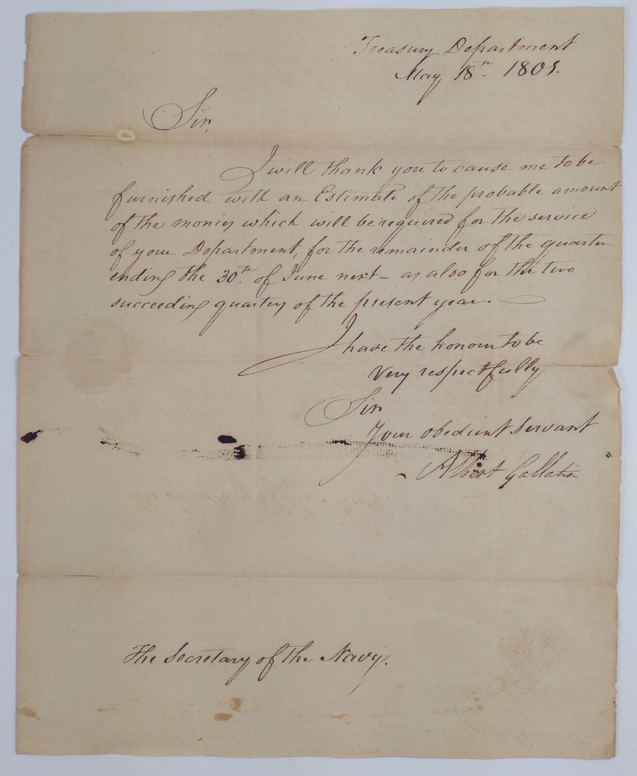 1801 Letter Albert Gallatin Secretary of the Treasury to Secretary of the Navy