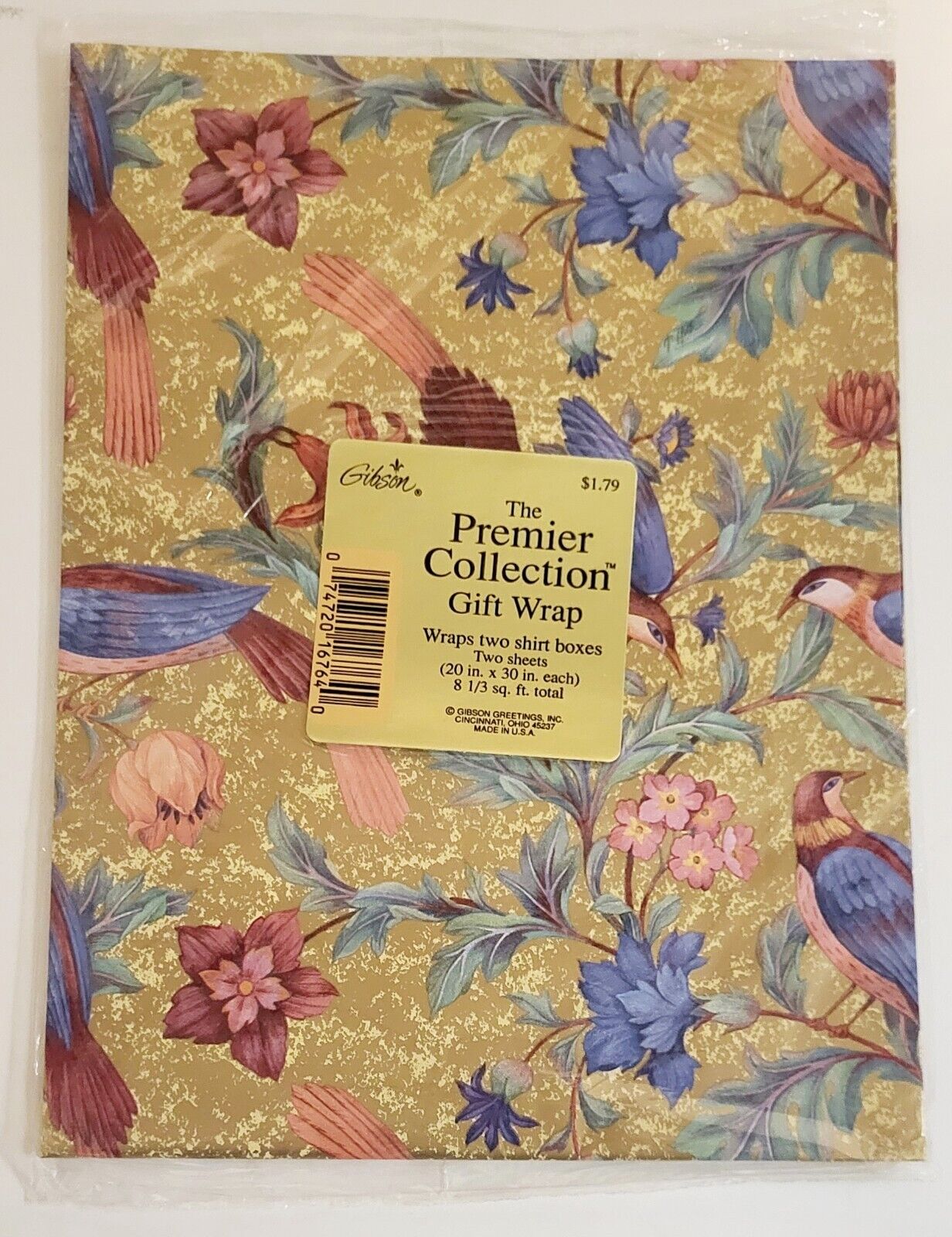 Vtg Gibson Gift Wrap NOS 2 Sheets 20x30 8⅓ Sq Ft 90s Floral With Birds Pattern