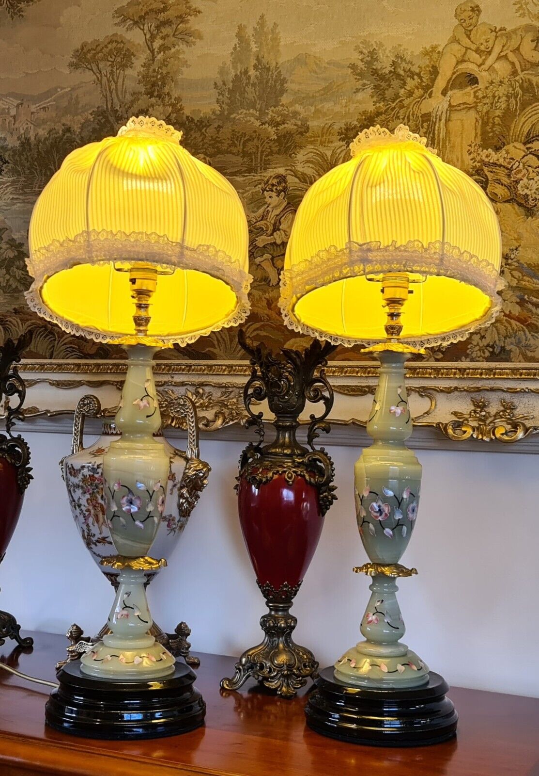 Boutique High-end Mother of Pearl, Onyx & Brass Antique Lamps + Lampshades