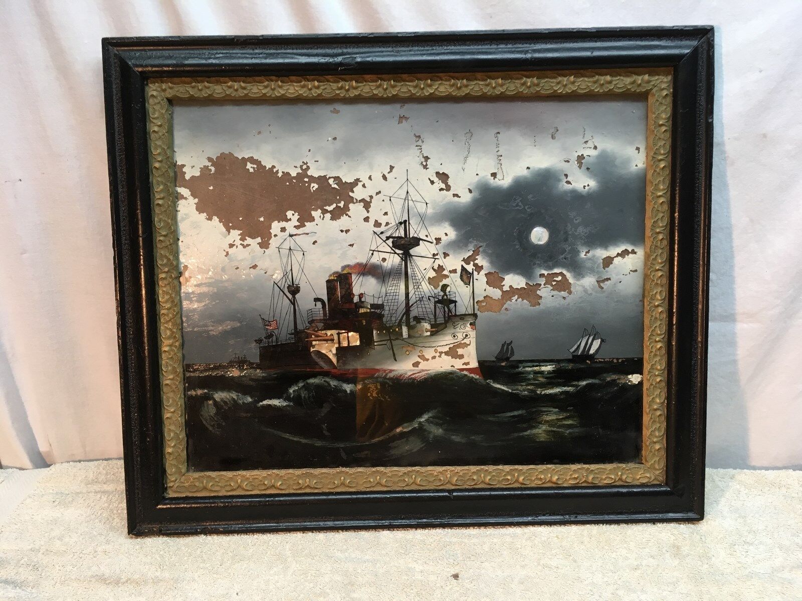 VINTAGE 1918-20 WW1 NAVY SHIP U.S.S. NEW YORK BATTLESHIP Reverse Oil Paint Frame