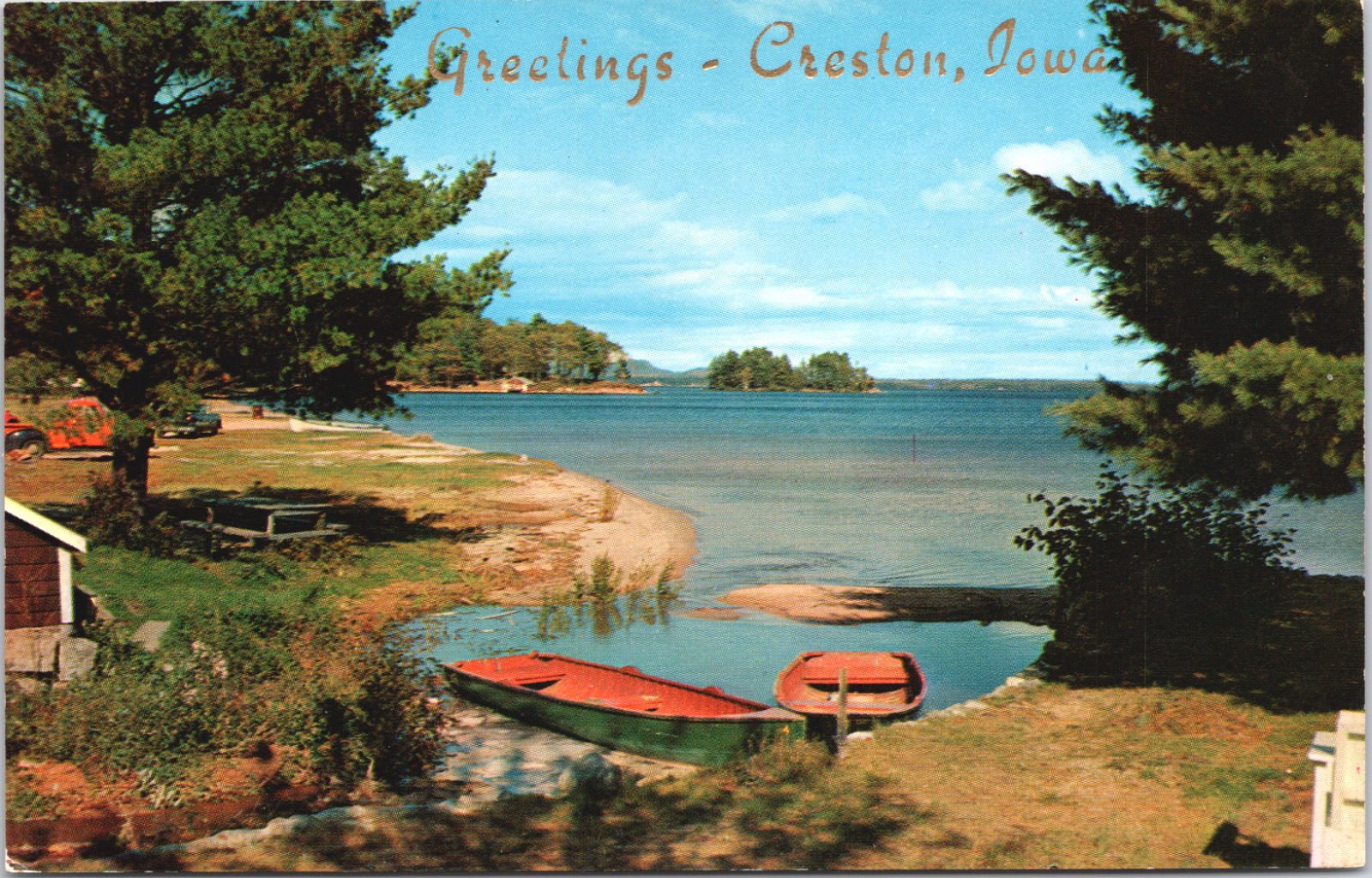 Greetings Creston Iowa Vintage Boats Trucks Lake Picnic Table Under Tree c60\'s