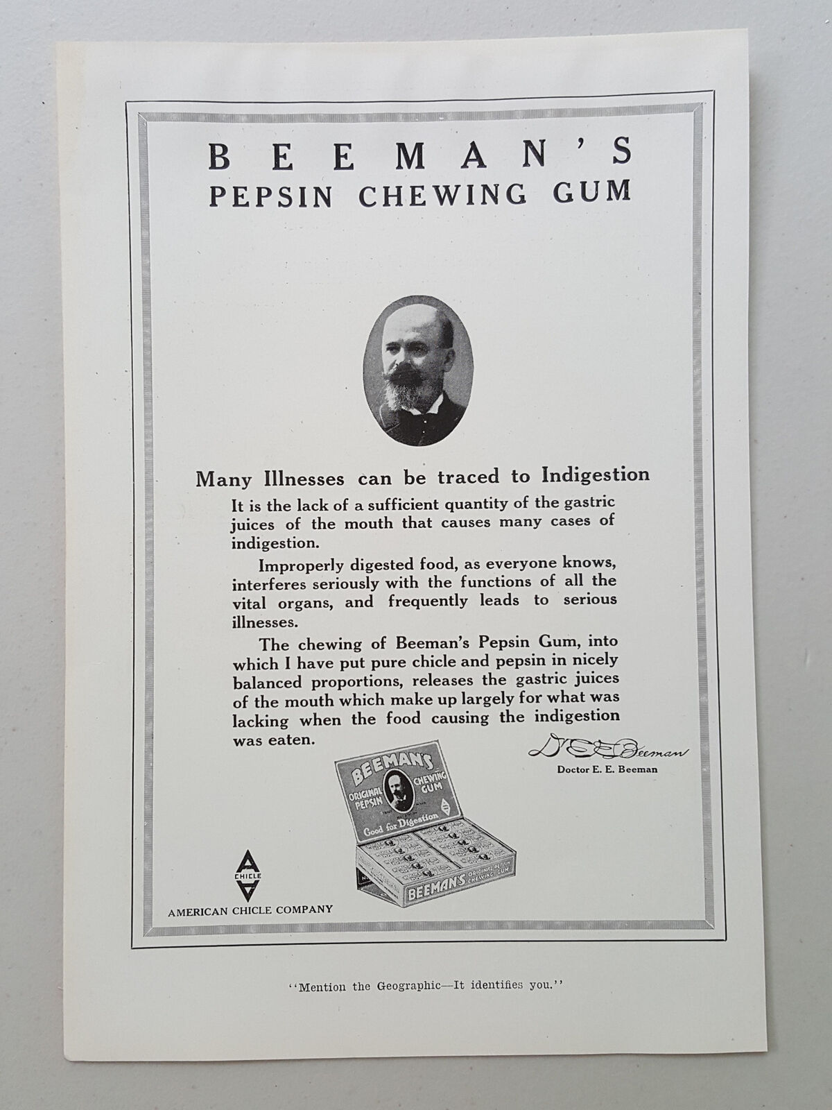 1917 Beeman's Pepsin Chewing Gum Aids Digestion Chicle Vintage Magazine Print Ad