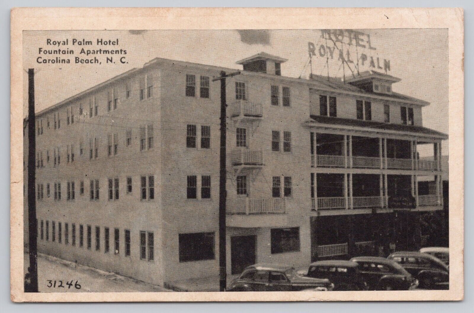 Royal Palm Hotel Fountain Apartments Carolina Beach NC White Border Postcard