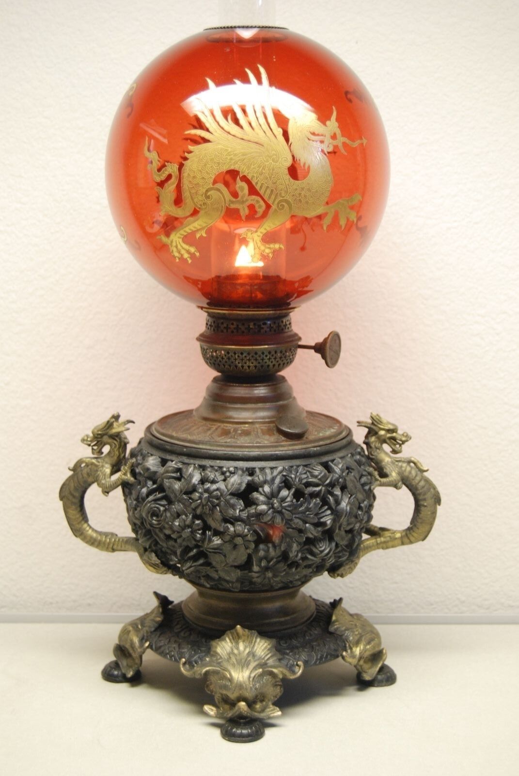 ANTIQUE GILT DRAGON KEROSENE OIL CHINESE JAPANESE LAMP CRANBERRY GLASS SHADE OLD