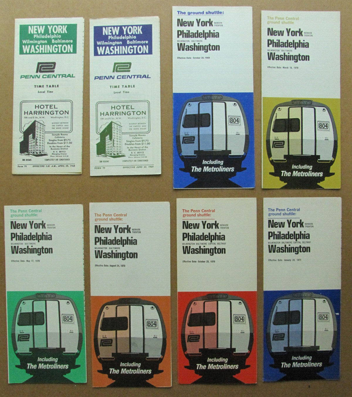 PC PENN CENTRAL Lot of 8 Form 79 New York-Washington Public Timetables: 1968-71