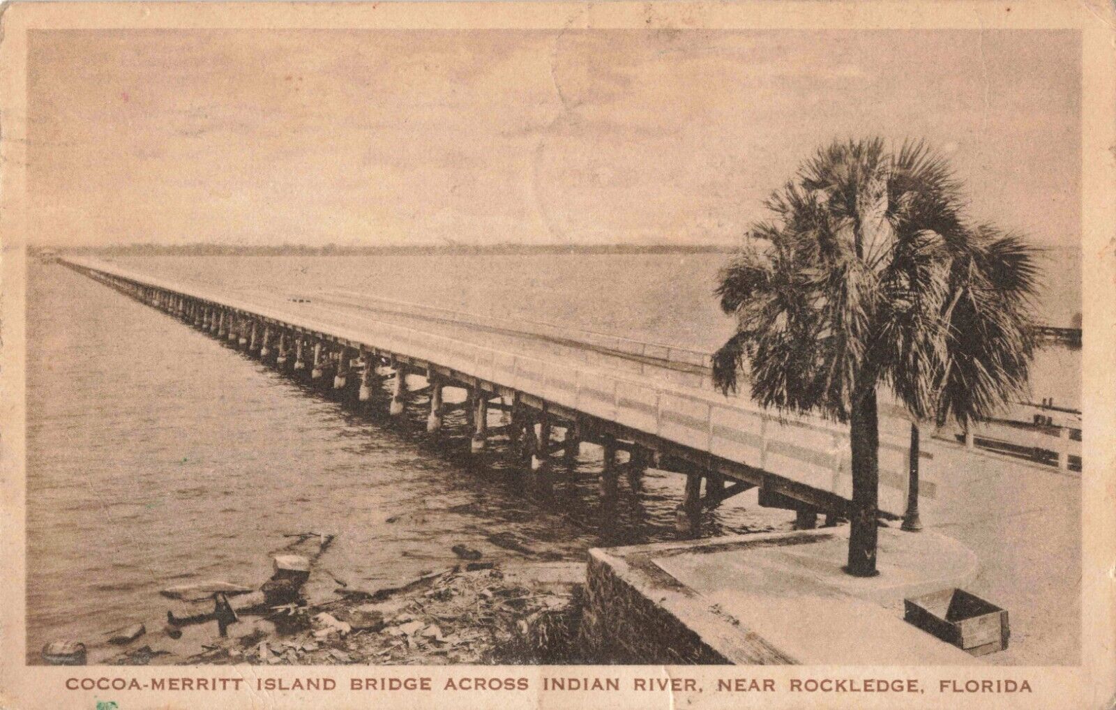 Cocoa - Merritt Island Bridge Indian River Rockledge Florida FL 1930 Postcard