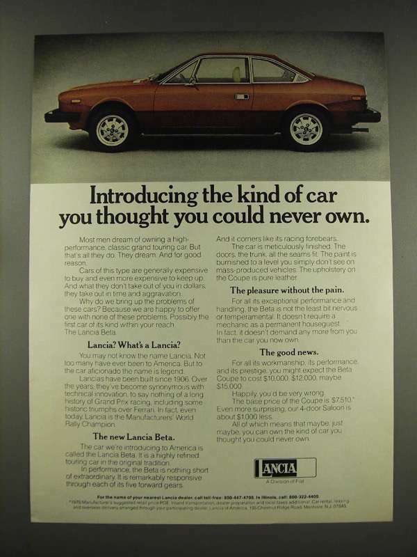 1976 Lancia Beta Coupe Car Ad - You Could Never Own