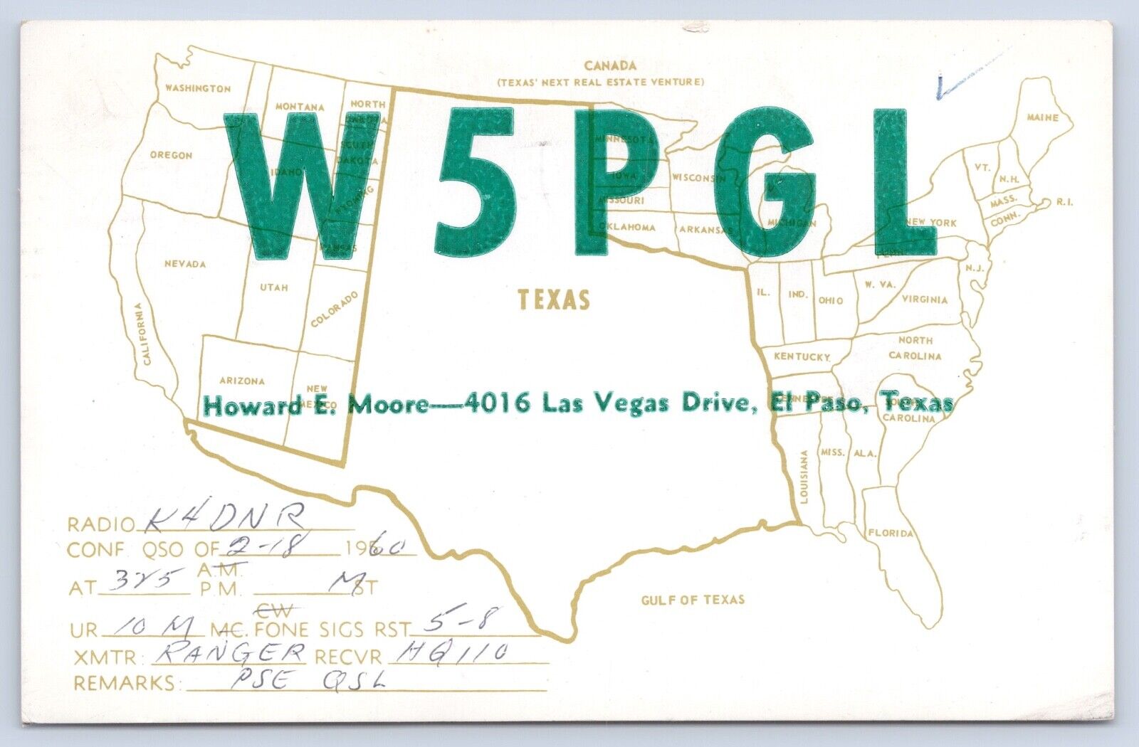 QSL CB Ham Radio Card W5PGL El Paso Texas Vintage El Paso County TX 1960 Card