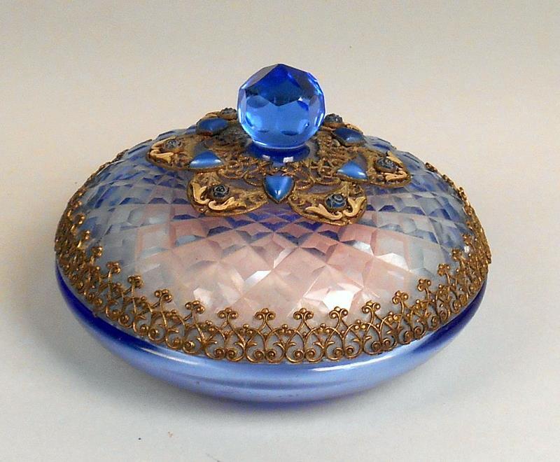 ART DECO SIGNED CZECHOSLOVAKIA BLUE JEWELED GLASS COVERED POWDER PUFF JAR BOX