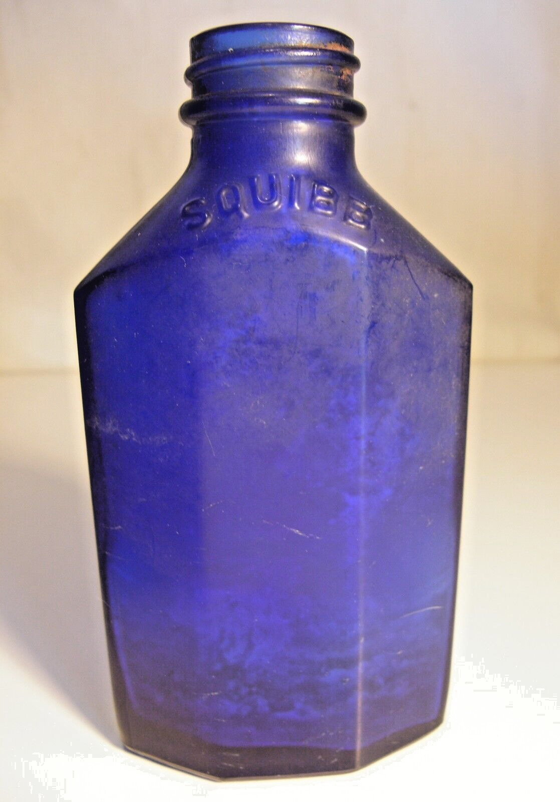Vintage Antique Cobalt Blue Embossed Bottle SQUIBB Made in USA Design Pat. 87401