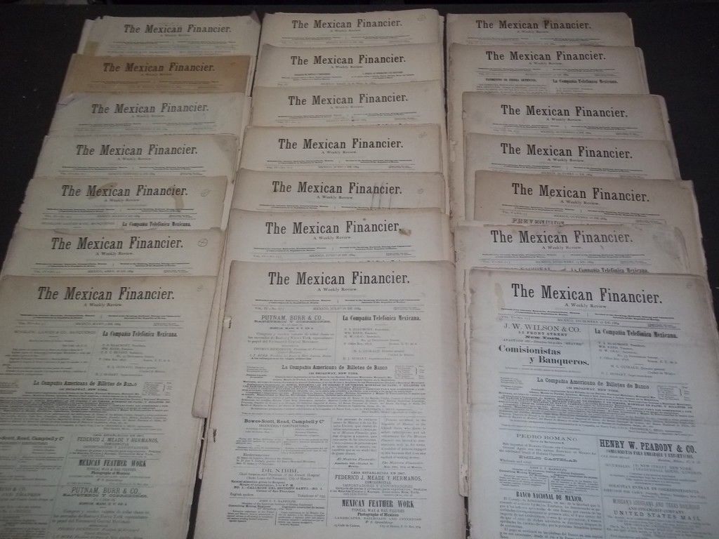 1883-1884 THE MEXICAN FINANCIER NEWSPAPER LOT OF 21 - ENGLISH/SPANISH - NP 1523