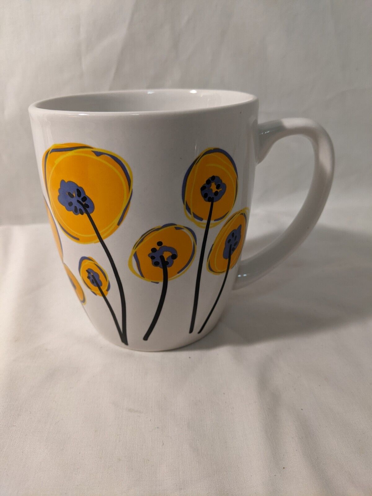 Kris Ruff Blue Harbor Mug w/ Yellow Poppies 16 oz Coffee Cup POPPY FLOWER 2015