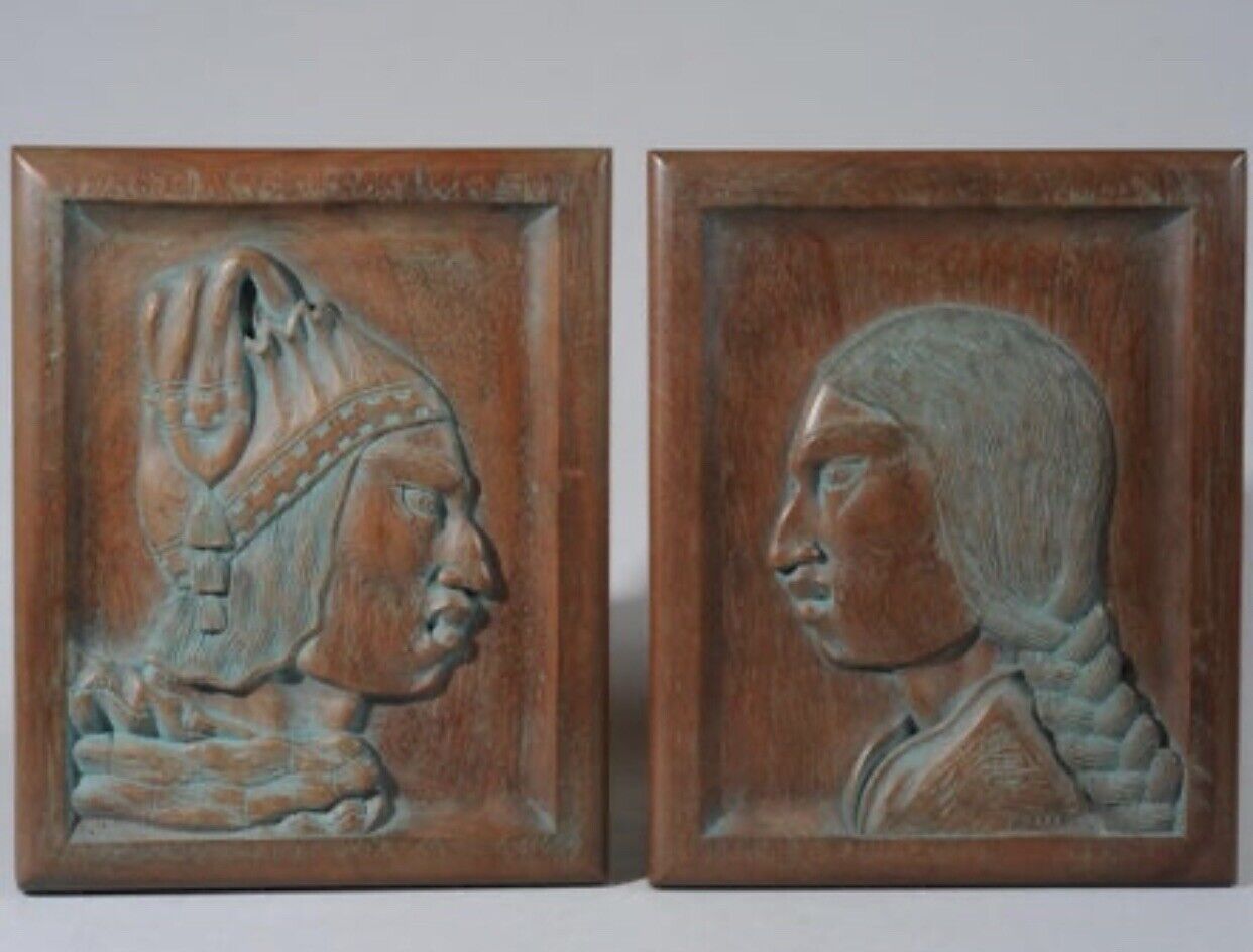 BUSTS Native American Indian Indigenous Hand Carved Signed F. Barron Wooden