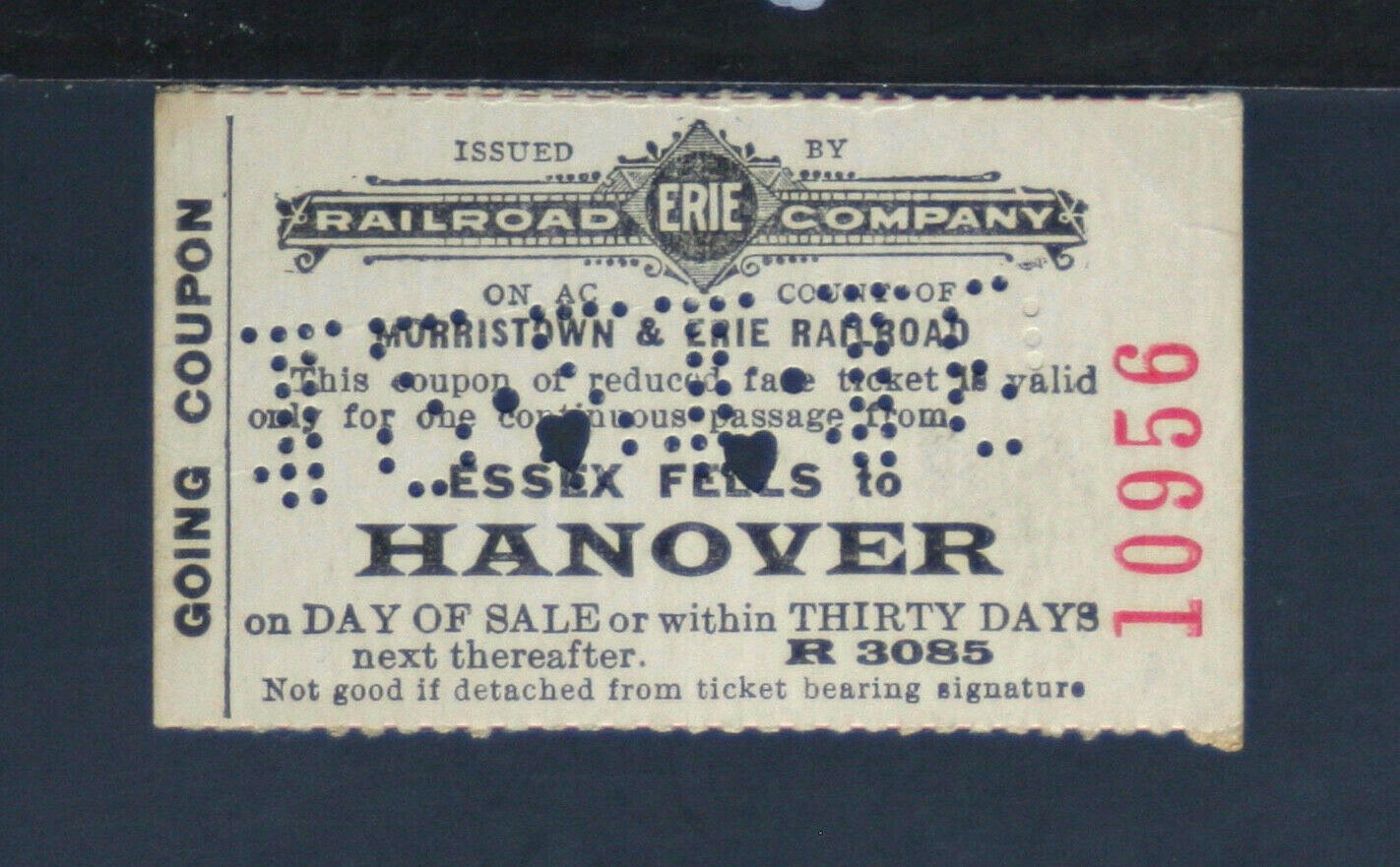 Erie Railroad Co Ticket  Essex Fells to Hanover 1916   RR129