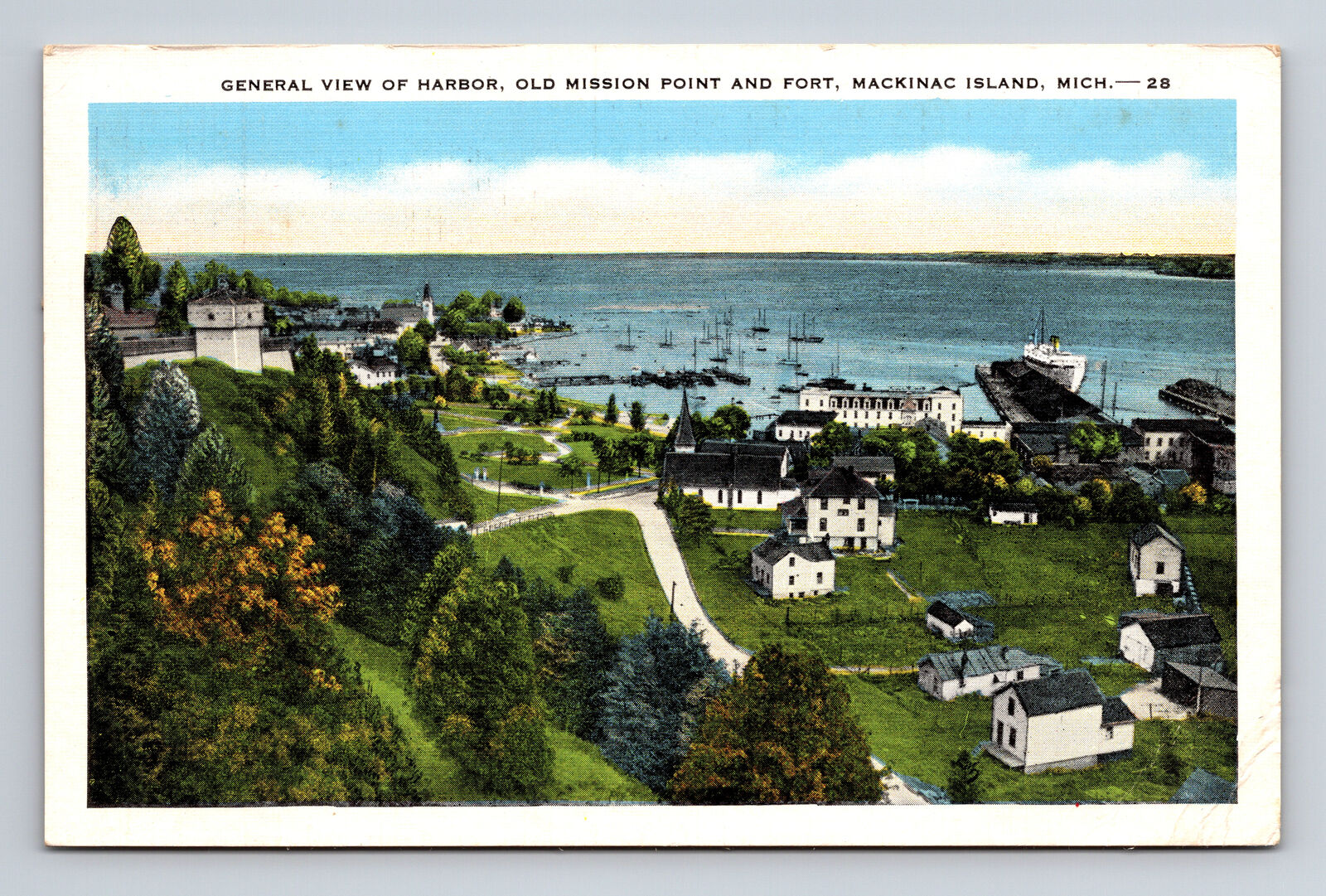 c1957 Mackinac Island MI View of Harbor Old Mission Point & Fort Postcard