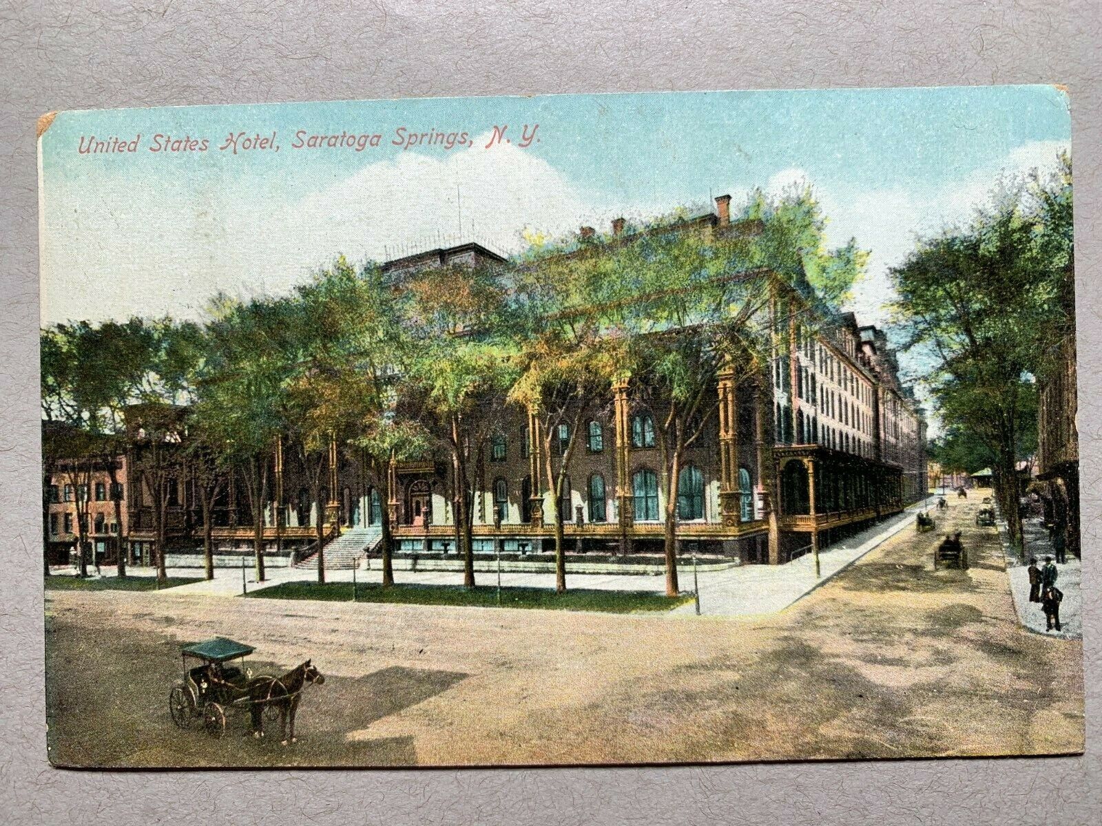 Postcard Saratoga Springs NY - c1900s United States Hotel Horse Drawn Carriages