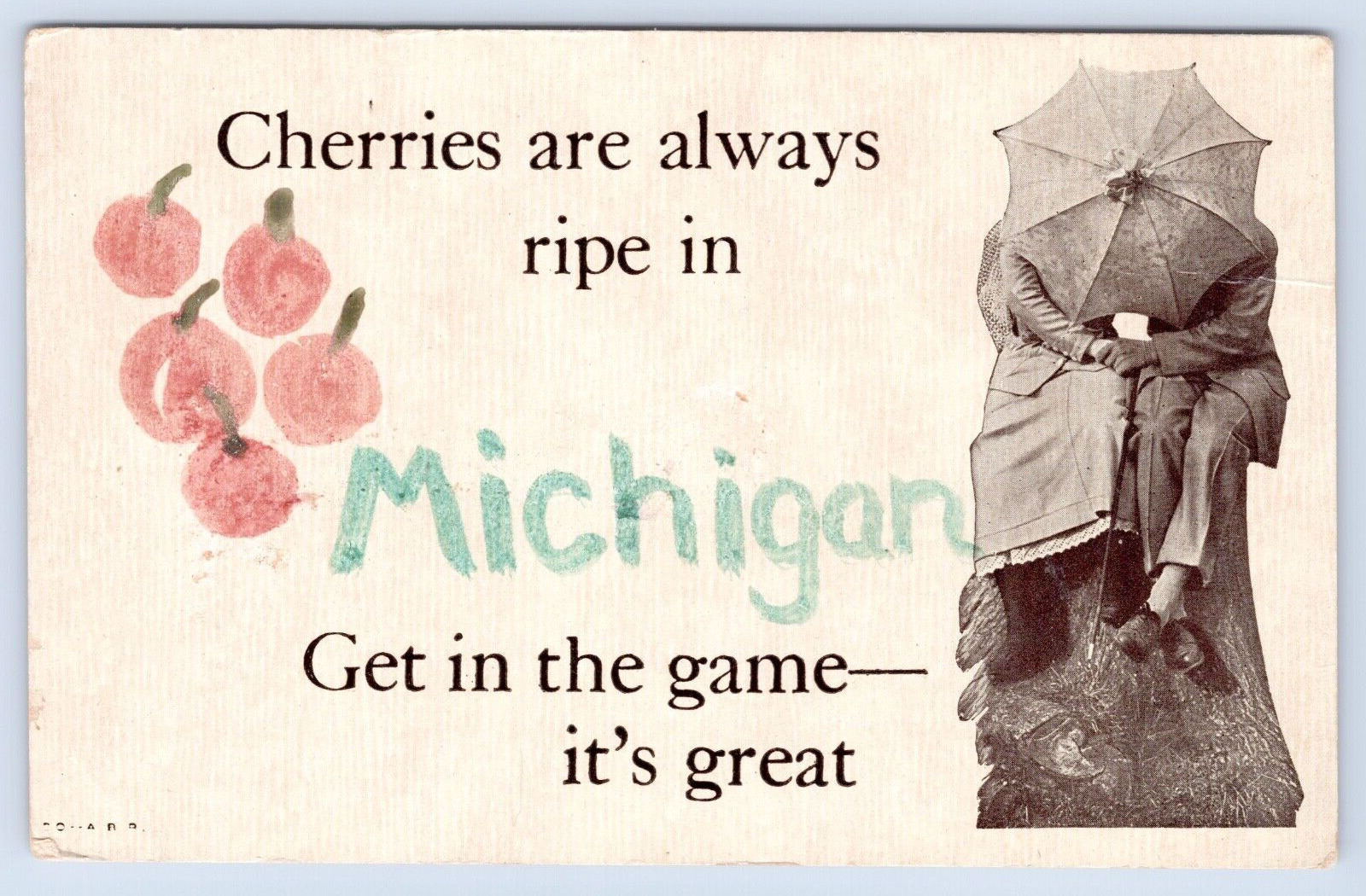 Cherries Are Always Ripe In Michigan  ~ Hand Painted Cherries Vintage Postcard