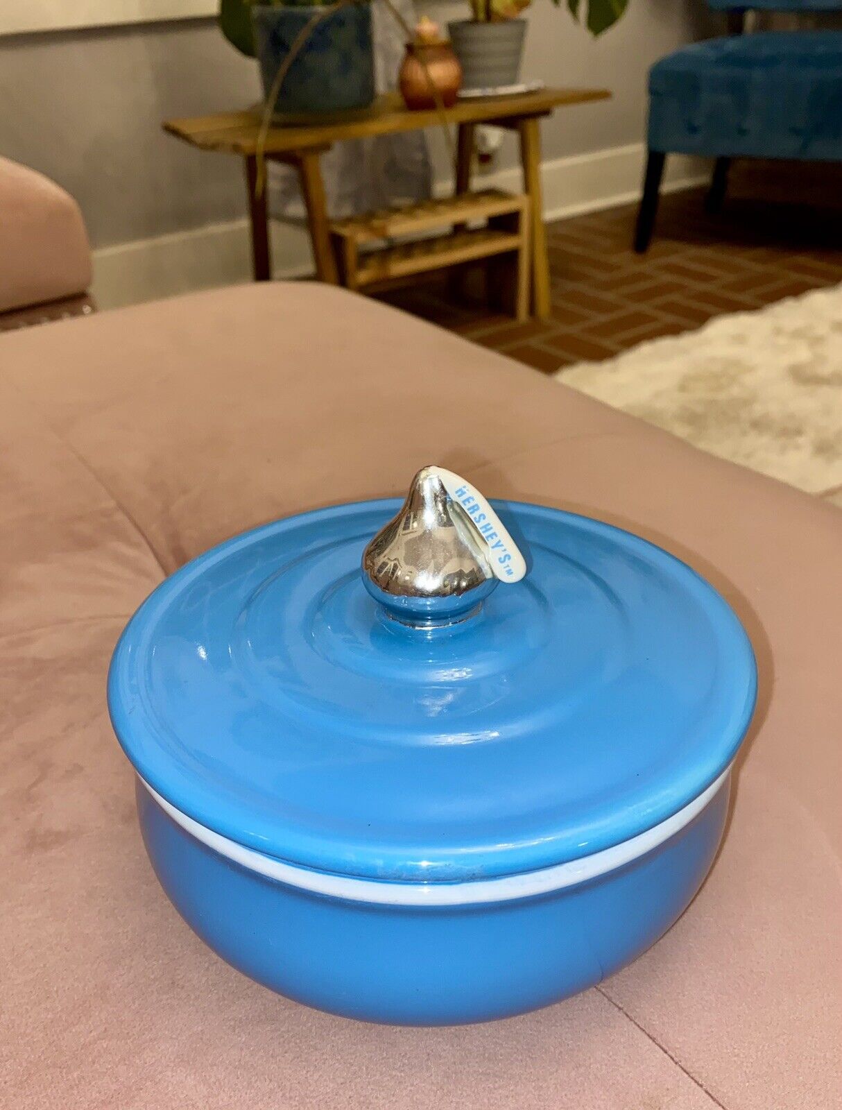 Vintage Hershey Kiss 6” Blue Ceramic Candy Dish With Lid