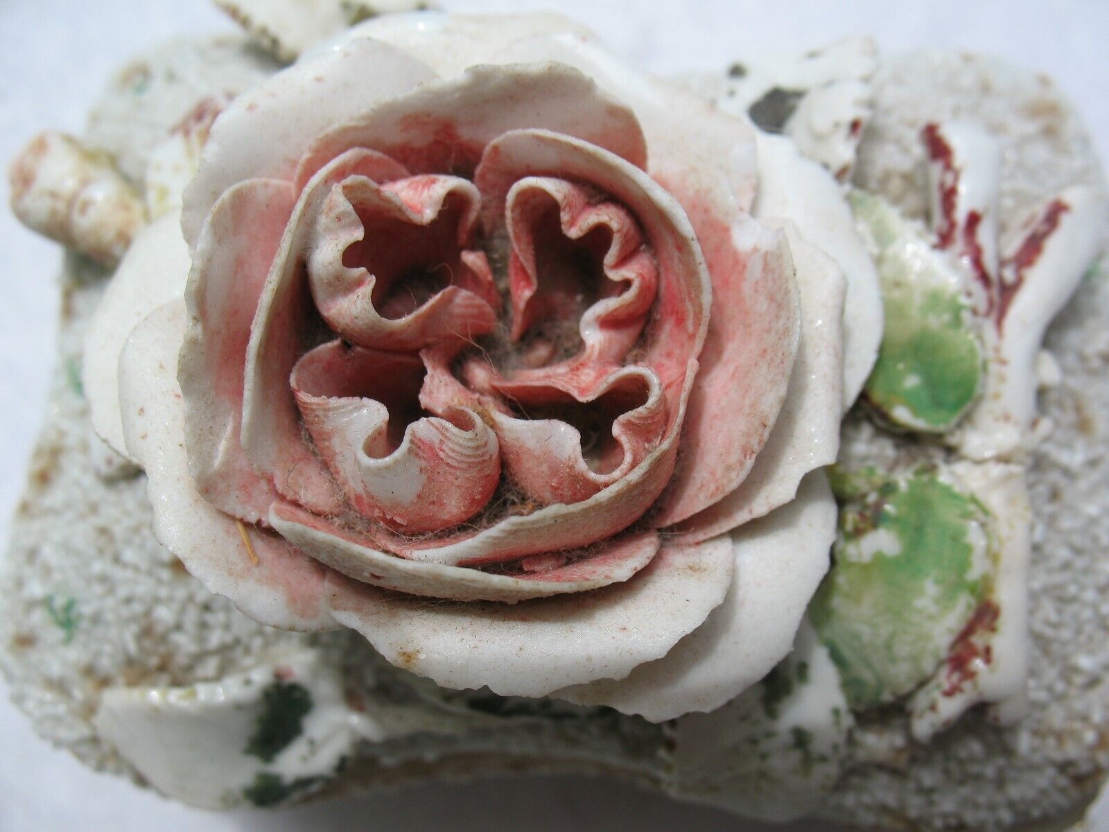 Vintage Porcelain White Rectangular Trinket Box 3D Sculpted ROSE Flower Bumpy 