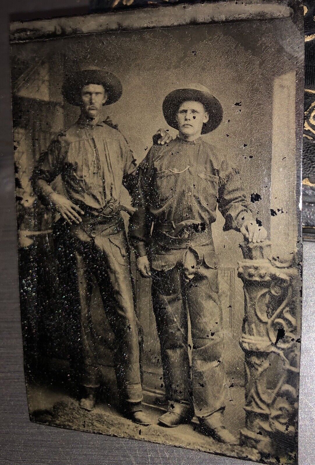 Two Armed Cowboys, 1800s Tintype Photo Antique Western Men Rare