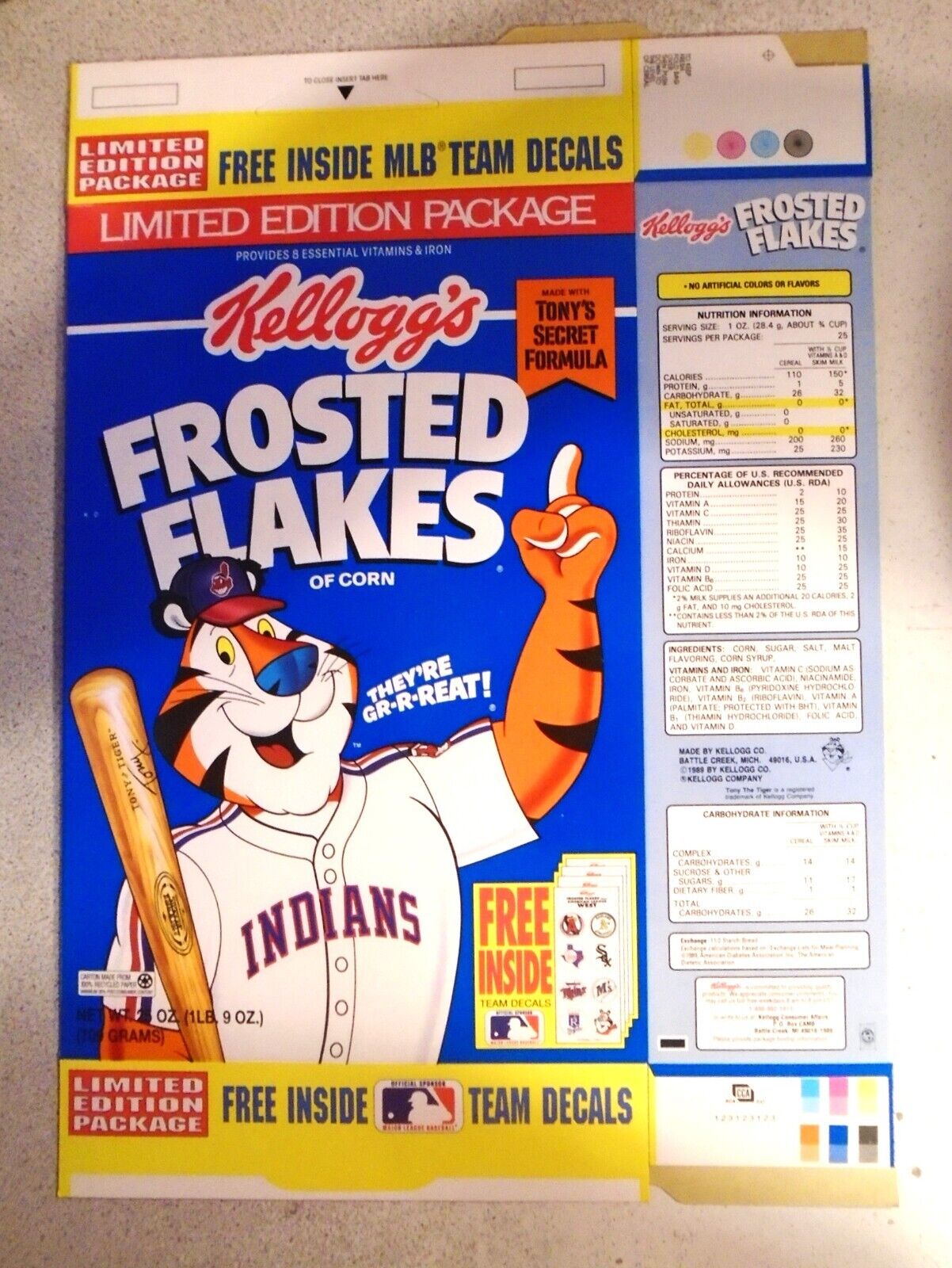 Rare 1992 Kellogg\'s Frosted Flakes Cereal Box Cleveland Indians Limited Edition