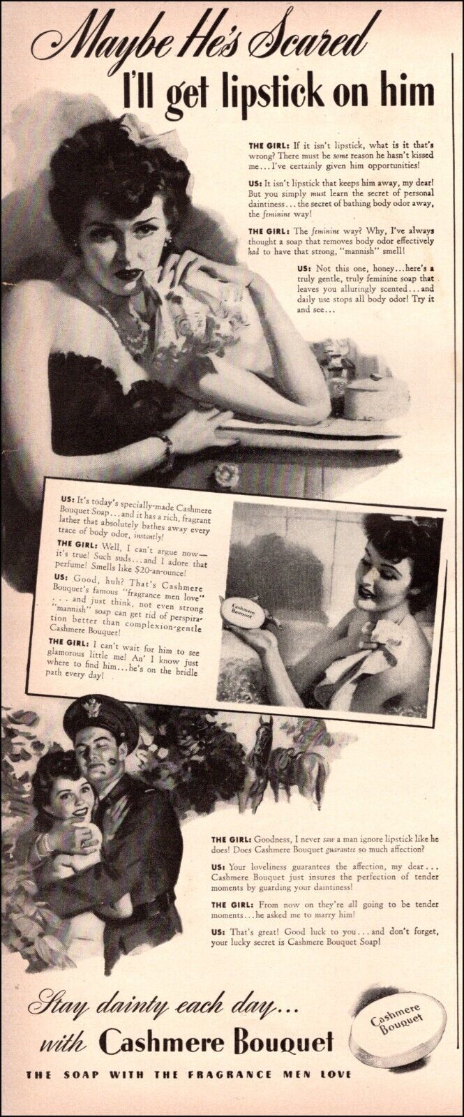 1942 WW 2 era AD CASHMERE BOUQUET Beauty Soap , Lovely B&W Art 092822