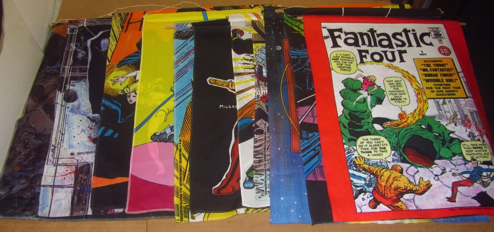 Marvel Vintage 1985/6 Fabric Cloth Wall Hanging lot (x10)...Wrightson/Kirby etc