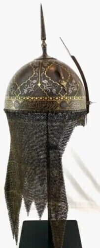 Antique 19th Century Islamic Indo-Persian Khula Khud Helmet with Chiseled Gold