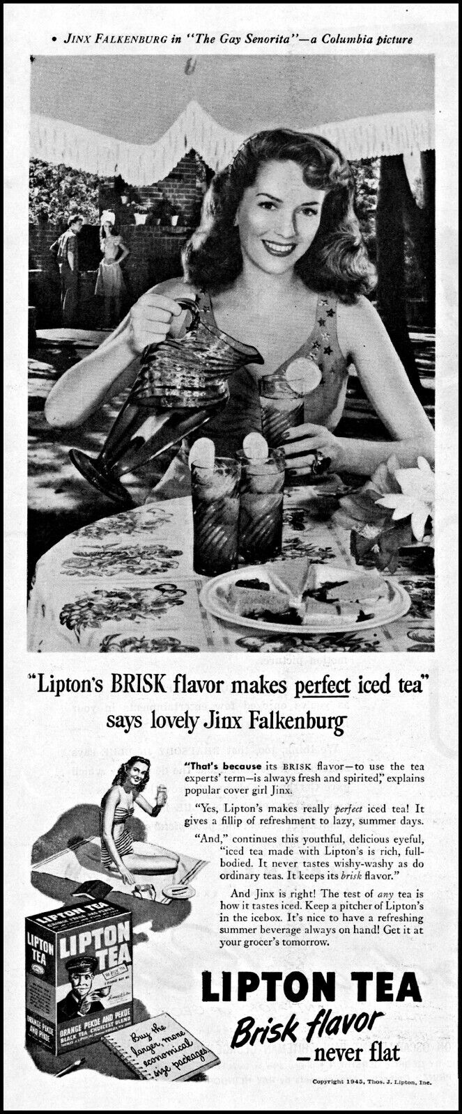 1945 Jinx Falkenburg~The Gay Senorita Lipton Tea vintage photo Print Ad adL98