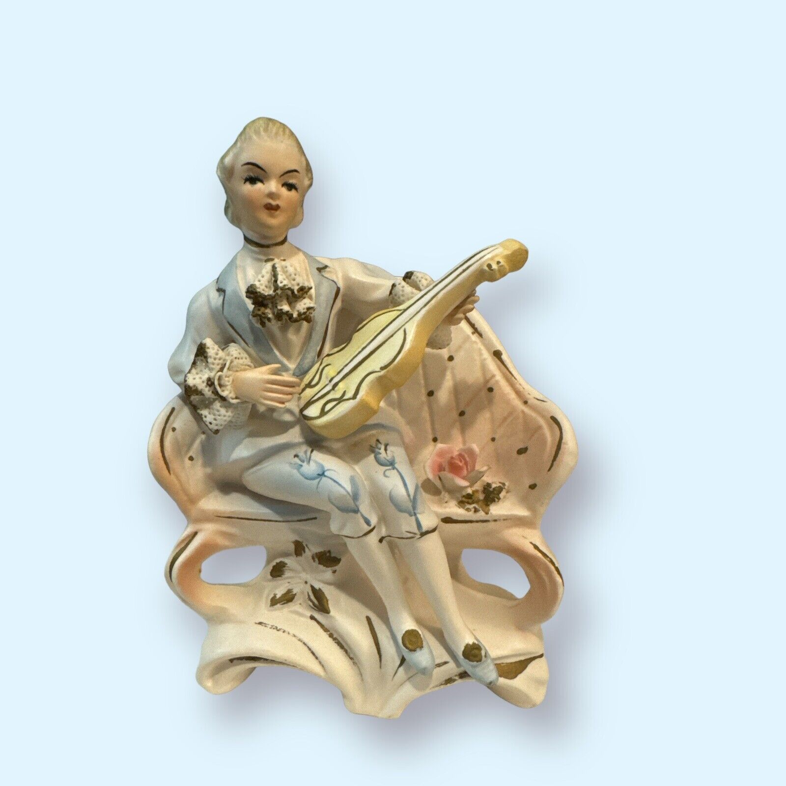 Lovely Vintage Tilso Japan Handpainted Figurine Sitting Playing An Instrument