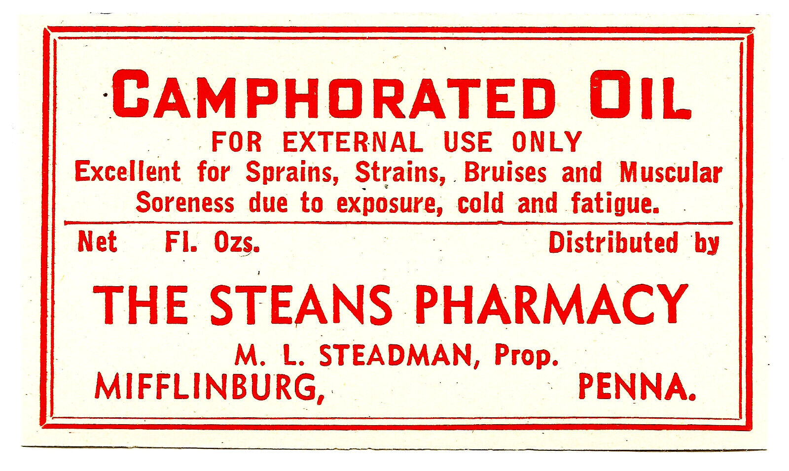 Vintage Pharmacy Label CAMPHORATED OIL Steans Pharmacy Mifflinburg Pennsylvania