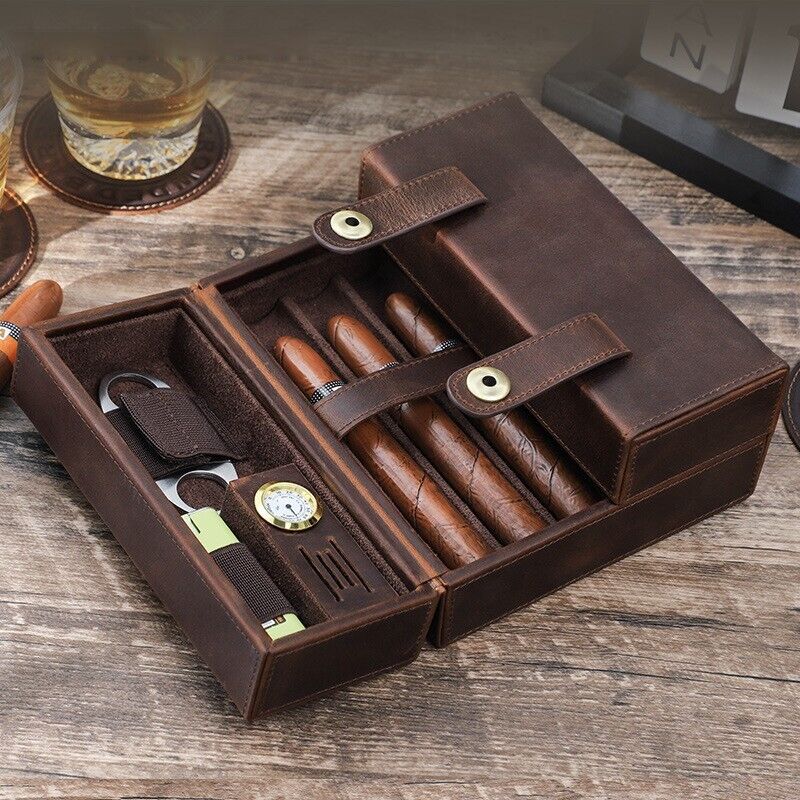 Luxury Genuine Leather Cigar Humidor Boxes Travel Clamshell portable Cigar Cases