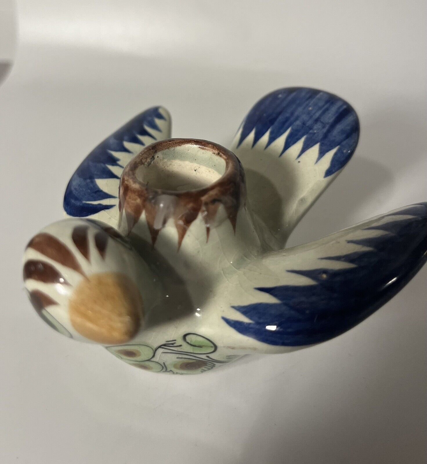 Vintage Tonala Pottery Hand Painted Bird Candle Holder Folk Art Signed