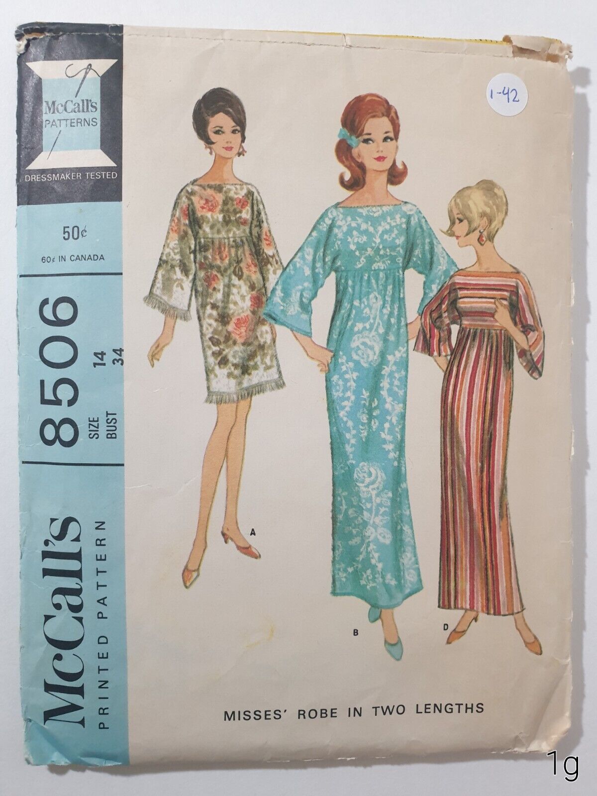 McCall's 8506 Vintage 1966 Dresses Sewing Pattern Size 14