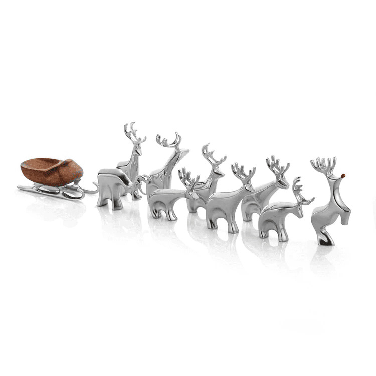 Nambe Holiday Mini Reindeer 10 Piece Set of Figurines New in Box