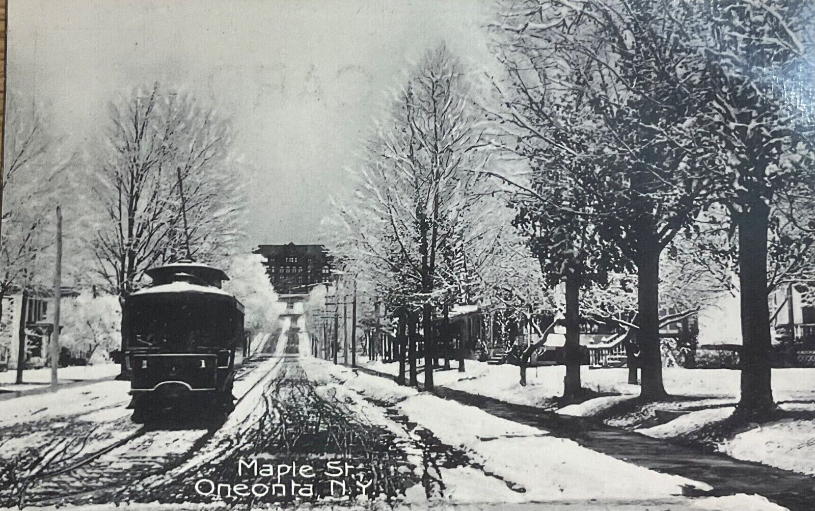 Oneonta, NY vintage, unposted card of trolley car looking toward \