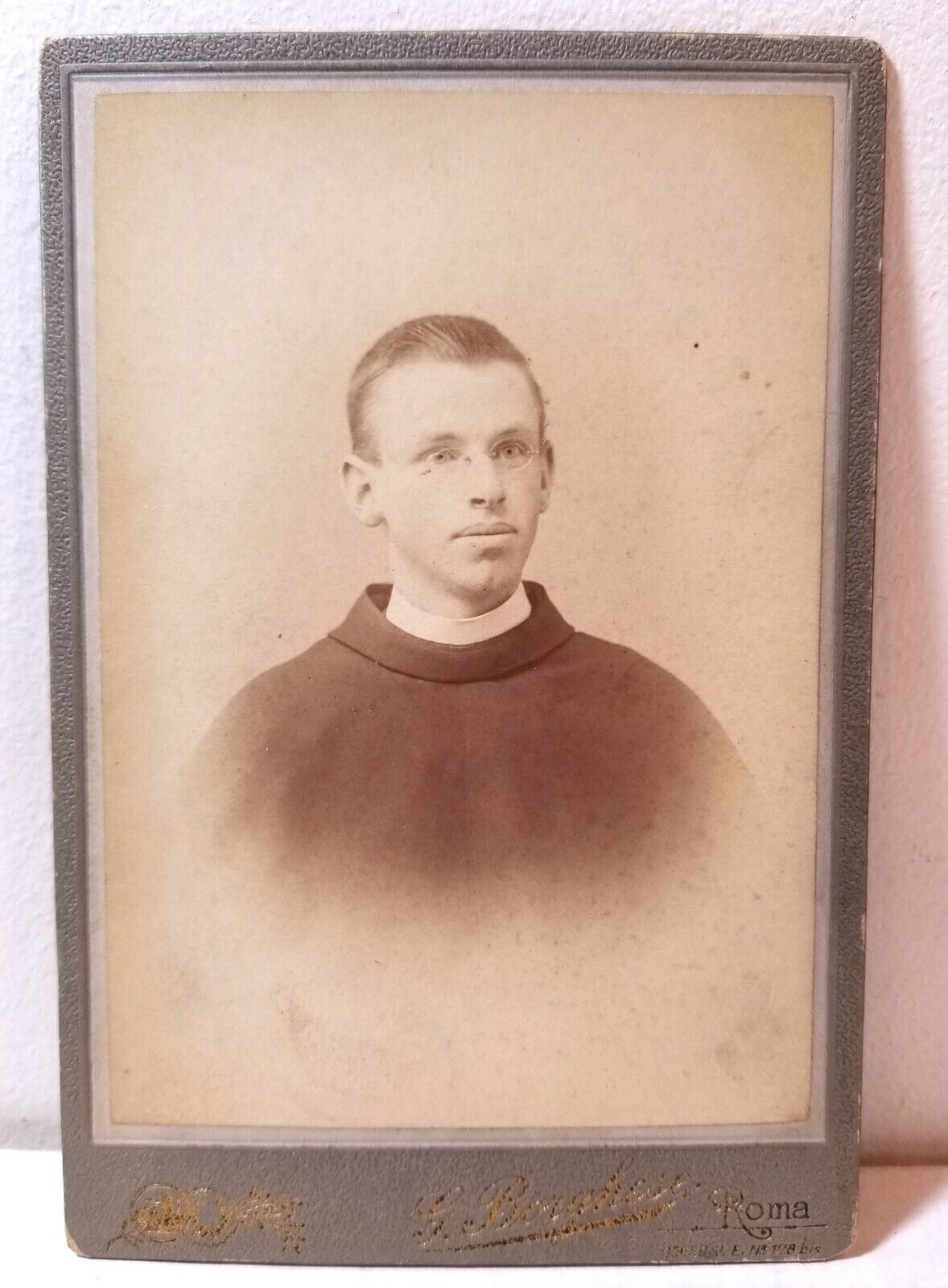 1890s young Catholic priest, eye glasses, Rome, Italy; cabinet card photo, Roma