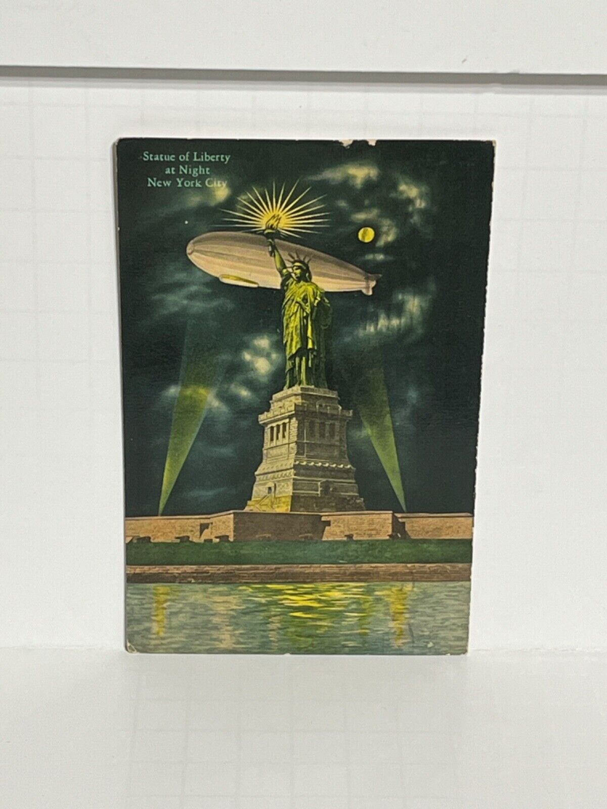 Postcard Statue of Liberty Night Time Zeppelin New York NY c1931 A67