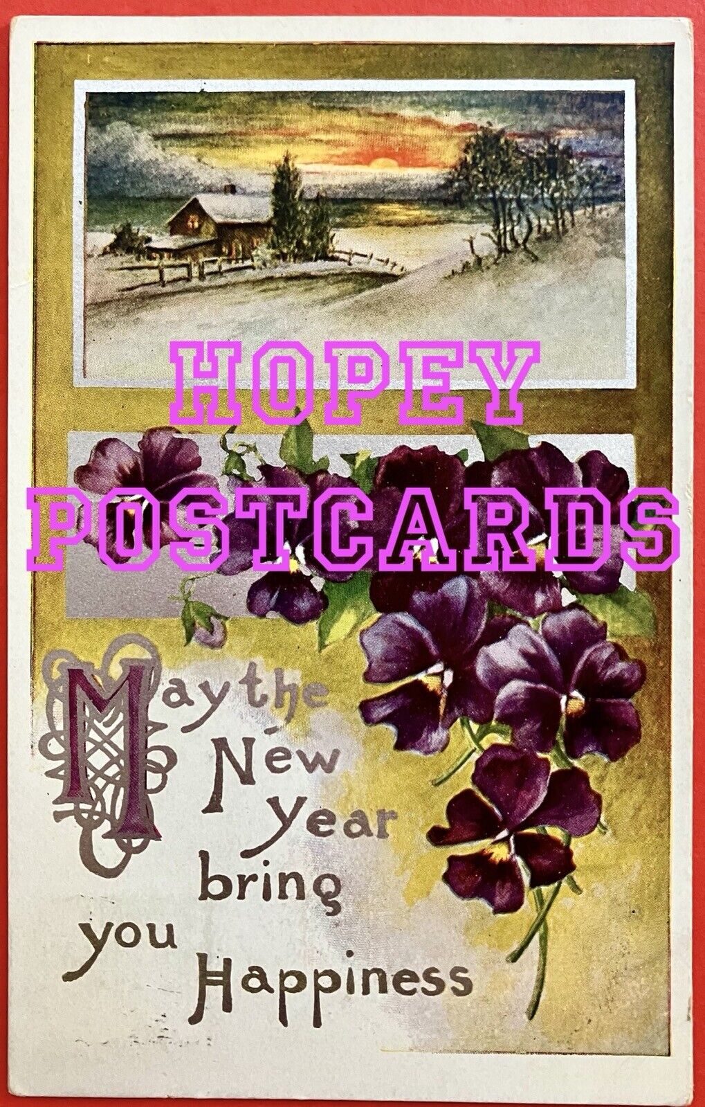 Antique PANSY & SNOW SCENE postcard~NEW YEAR ~SILVER HIGHLIGHTS~ 1907-1914  
