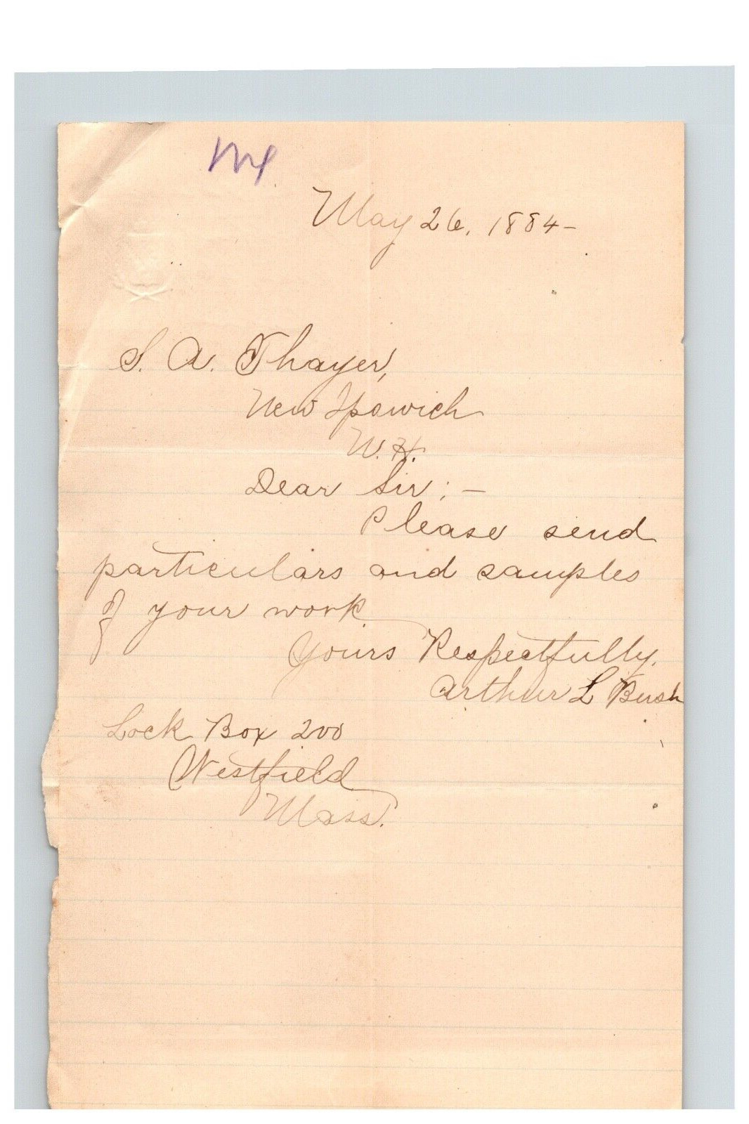 1884 Handwritten Letter Arthur L Bush Westfield MA Massachusetts Genealogy